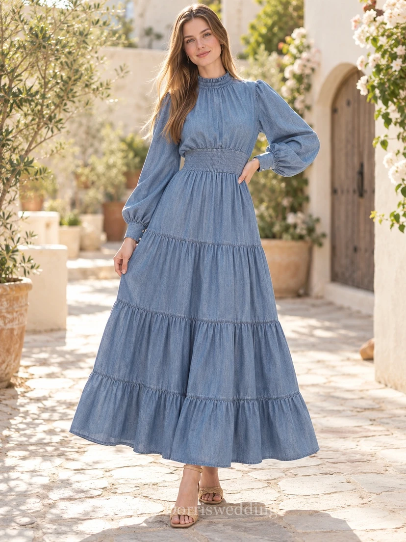 Robe de campagne modeste à col montant et manches longues en denim bleu à volants