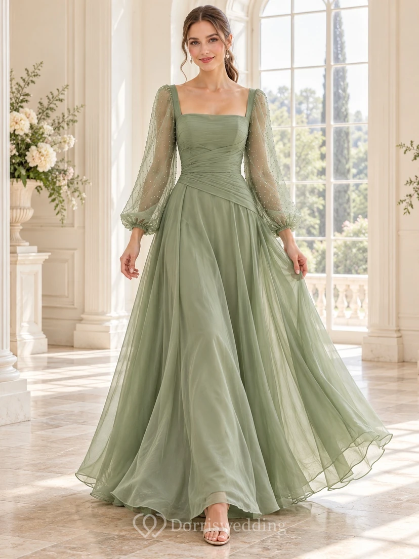 Long Sleeve Square Neck Sage Dotted Organza Evening Dress