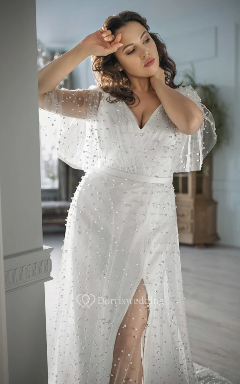 Chiffon-Brautkleid im Boho-Stil mit V-Ausschnitt, Schlitz vorne und Rüschen in großen Größen, verziert mit perlenbesetztem Tüllüberzug view 3