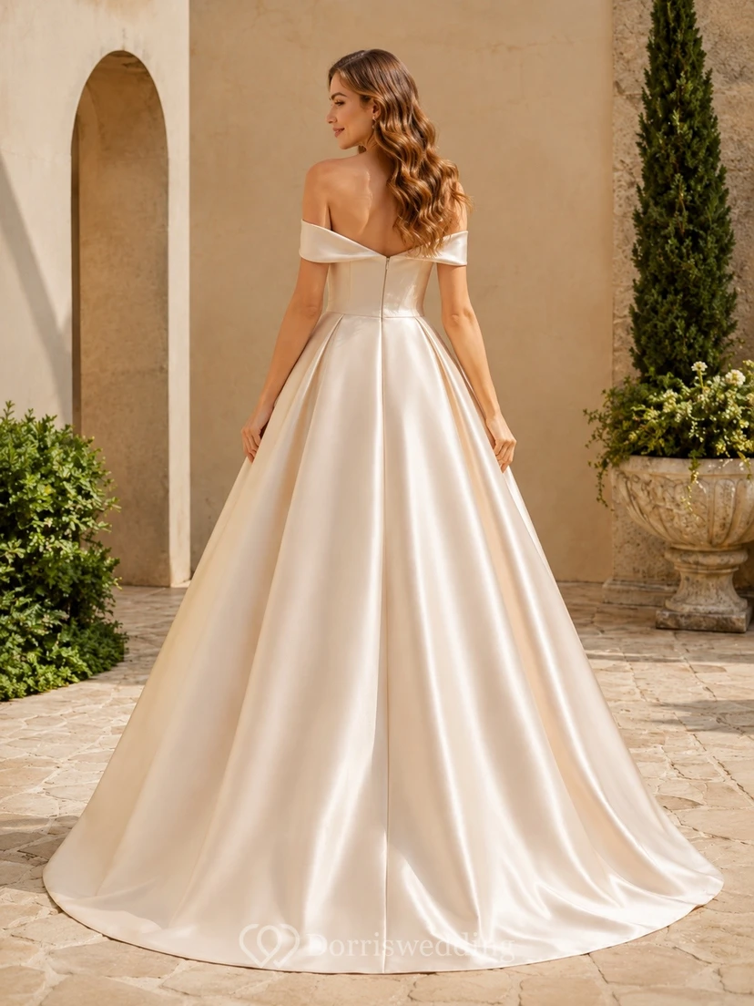 Champagne Satin Off Shoulder Short Sleeve Ball Gown Dress view 2