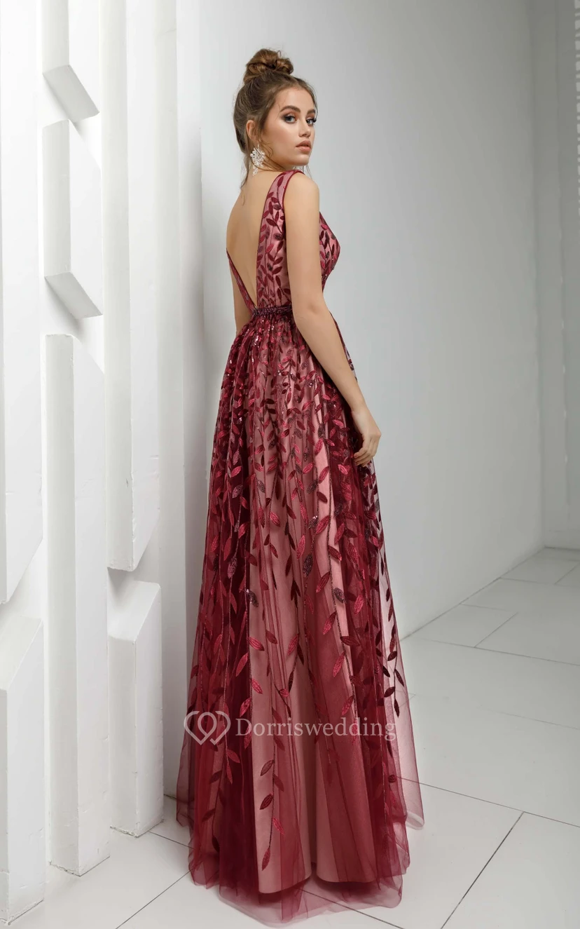 Ärmelloses, bodenlanges Ballkleid mit V-Ausschnitt, A-Linie, Empire-Schnitt und Stickerei view 4