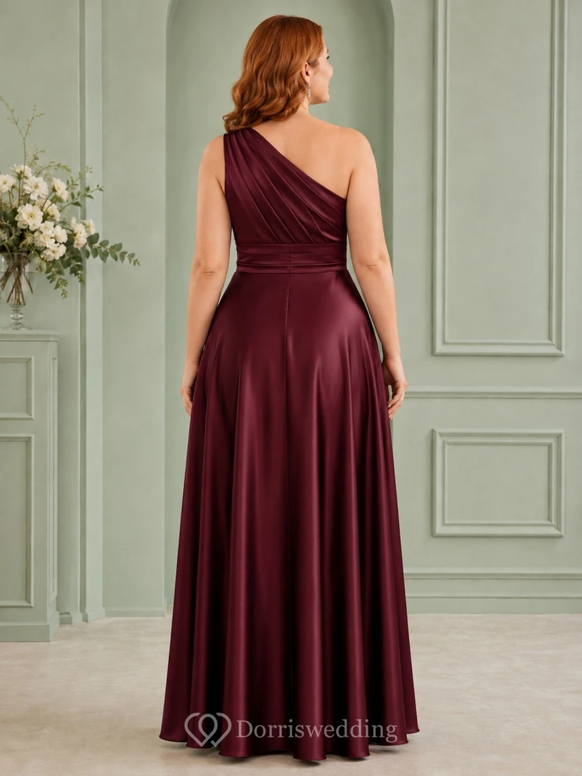 Plus Size Burgundy One-Shoulder Satin A-Line Floor-Length Formal Dress view 2