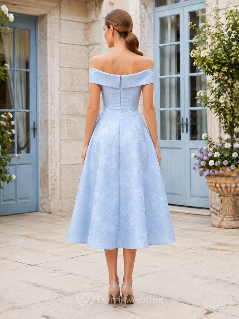 Sky Blue Satin Off-the-shoulder Short Sleeve A-Line Tea-Length Modern Dress view 2