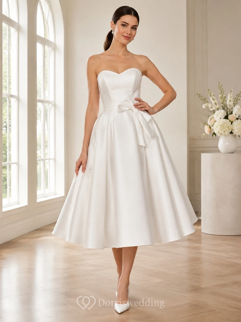 White Satin Sweetheart Sleeveless Bowed A-Line Tea-Length Elegant Dress