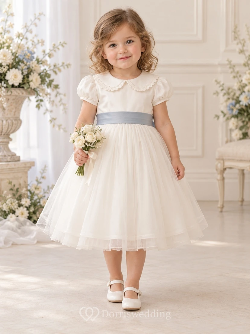 Tea-length Vintage Ivory A-line Tulle Collared Puff-sleeve Blue-sash Flower Girl Dress