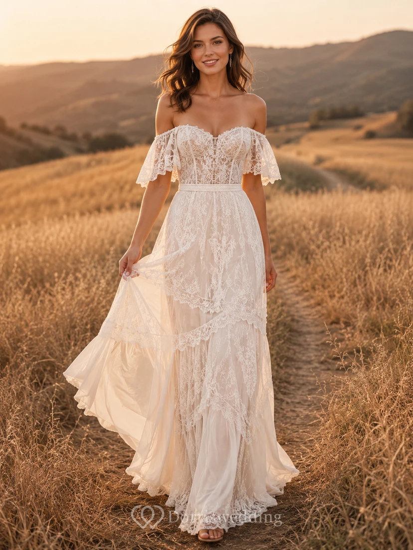 Vestido bohemio de encaje con volantes y hombros descubiertos, estilo pradera dorada