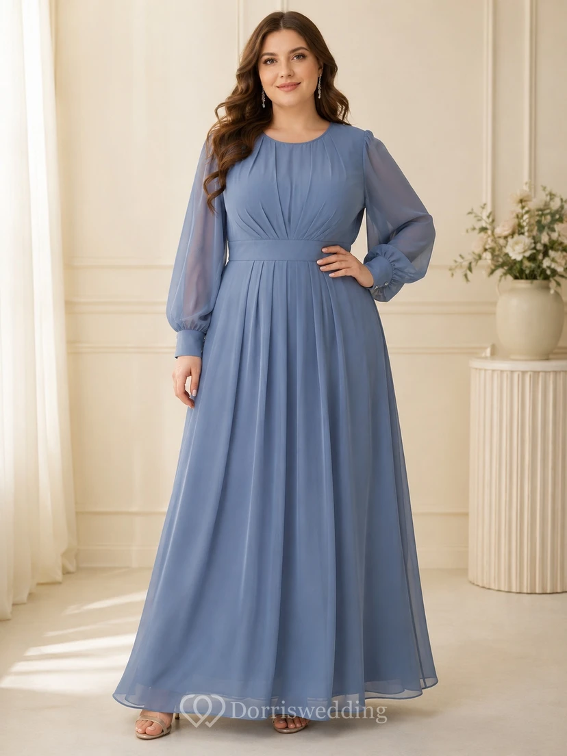 Slate Blue Plus Size Modest Scoop Neck Long Sleeve Chiffon A-Line Dress