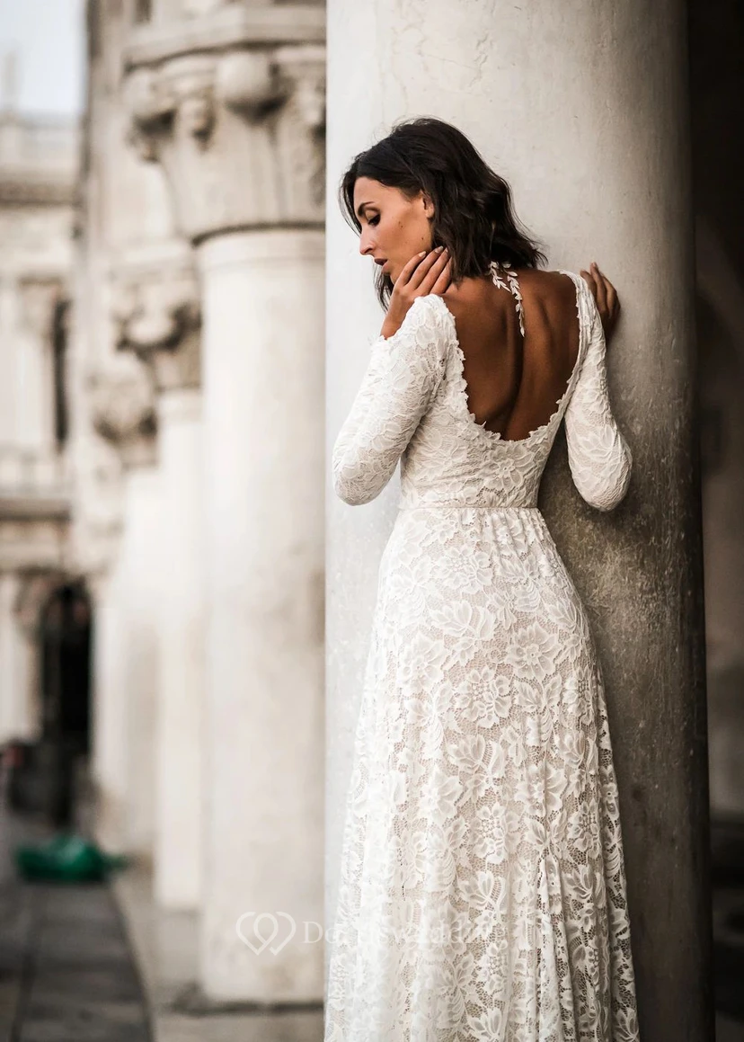 Long Sleeve Lace Boho Wedding Dress | Simple Ivory Bridal Gown view 4