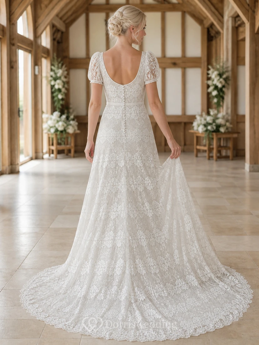 Vestido de novia catedral de corte A con escote cuadrado, mangas abullonadas y encaje floral view 2