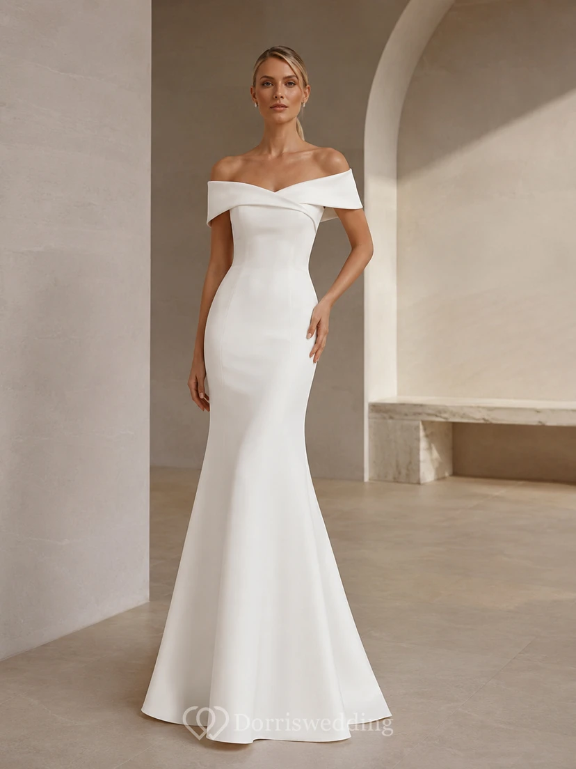 Robe de mariée sirène en satin à épaules dénudées et manches courtes, longueur au sol