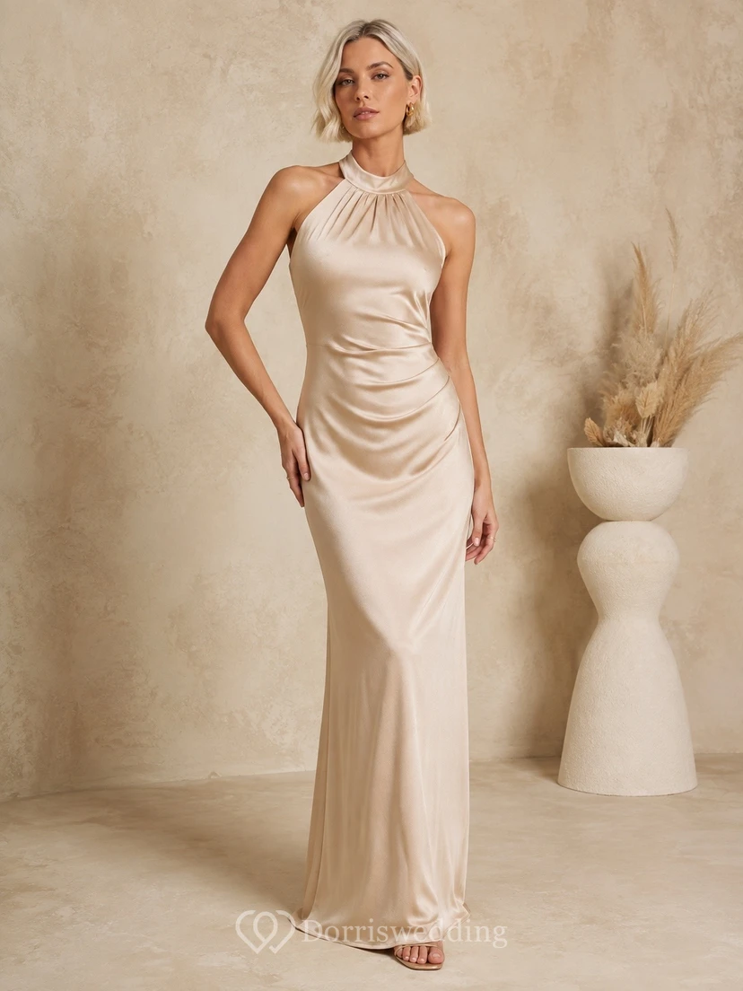 Ivory Halter Neck Sleeveless Stretch Satin Sheath Floor Evening Dress