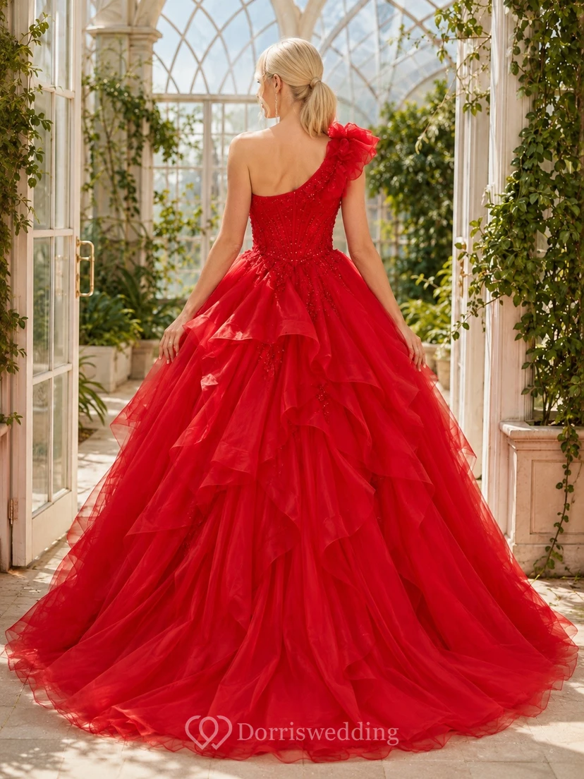 Red Tulle One-Shoulder Ruffled Tiered Quinceanera Ball Gown view 2