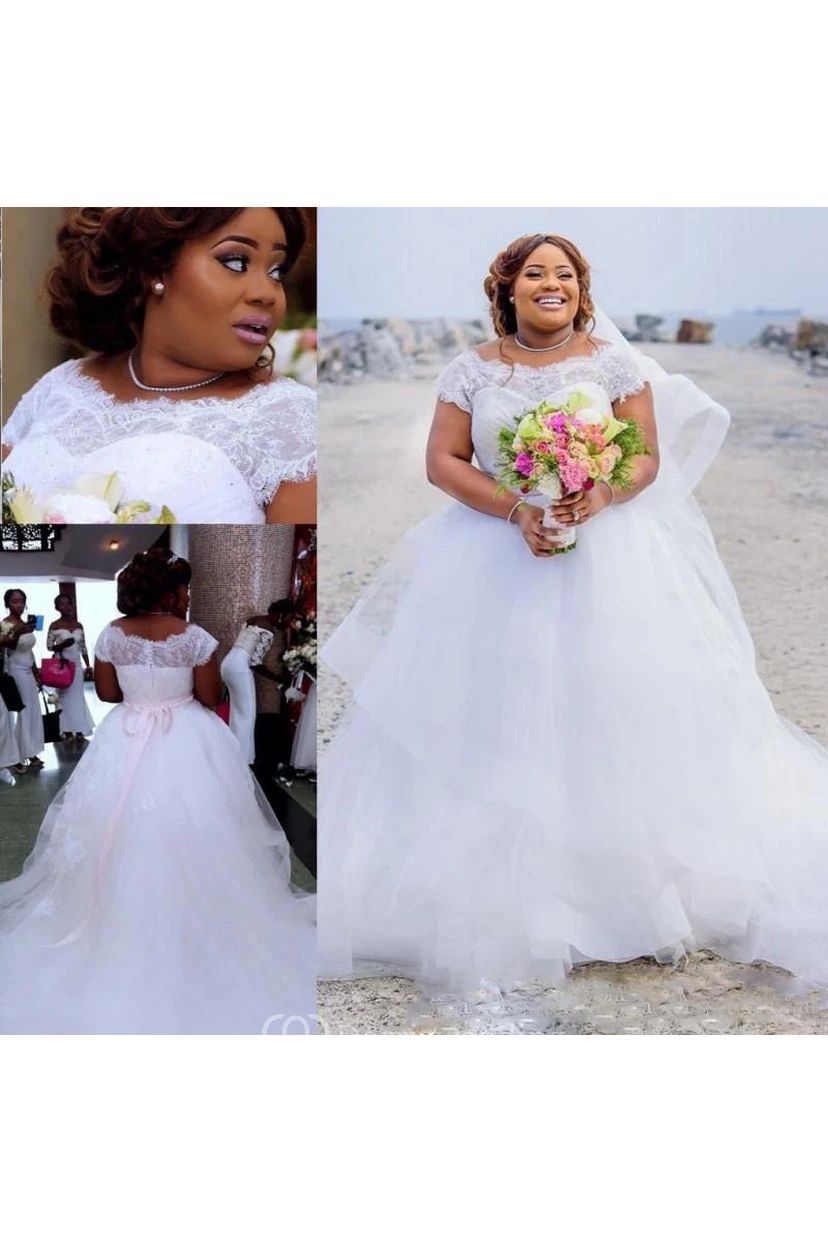 Gorgeous Plus Size Wedding Dresses Styles Summer Lace Cap Sleeves A Line Beach Bridal Gowns With Pink Ribbon Sash Tull ... view 3