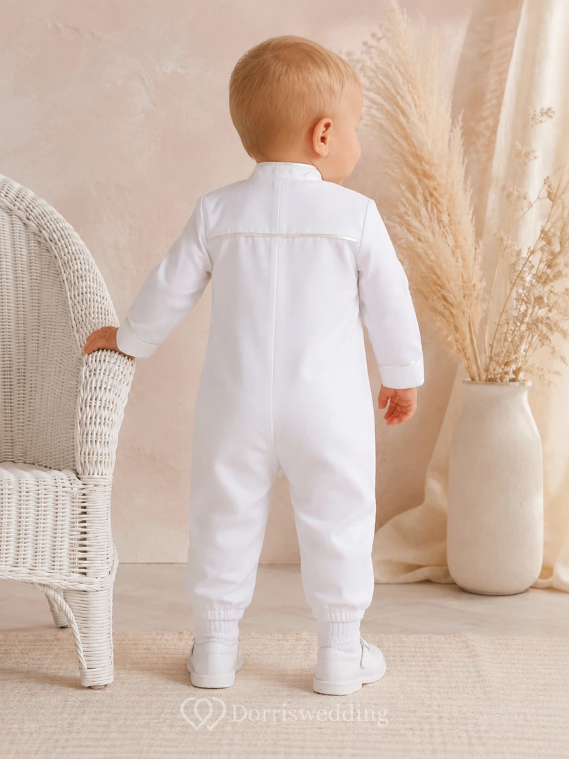 White Mandarin Collar Long Sleeve Christening Footless Romper for Baby Boy view 2
