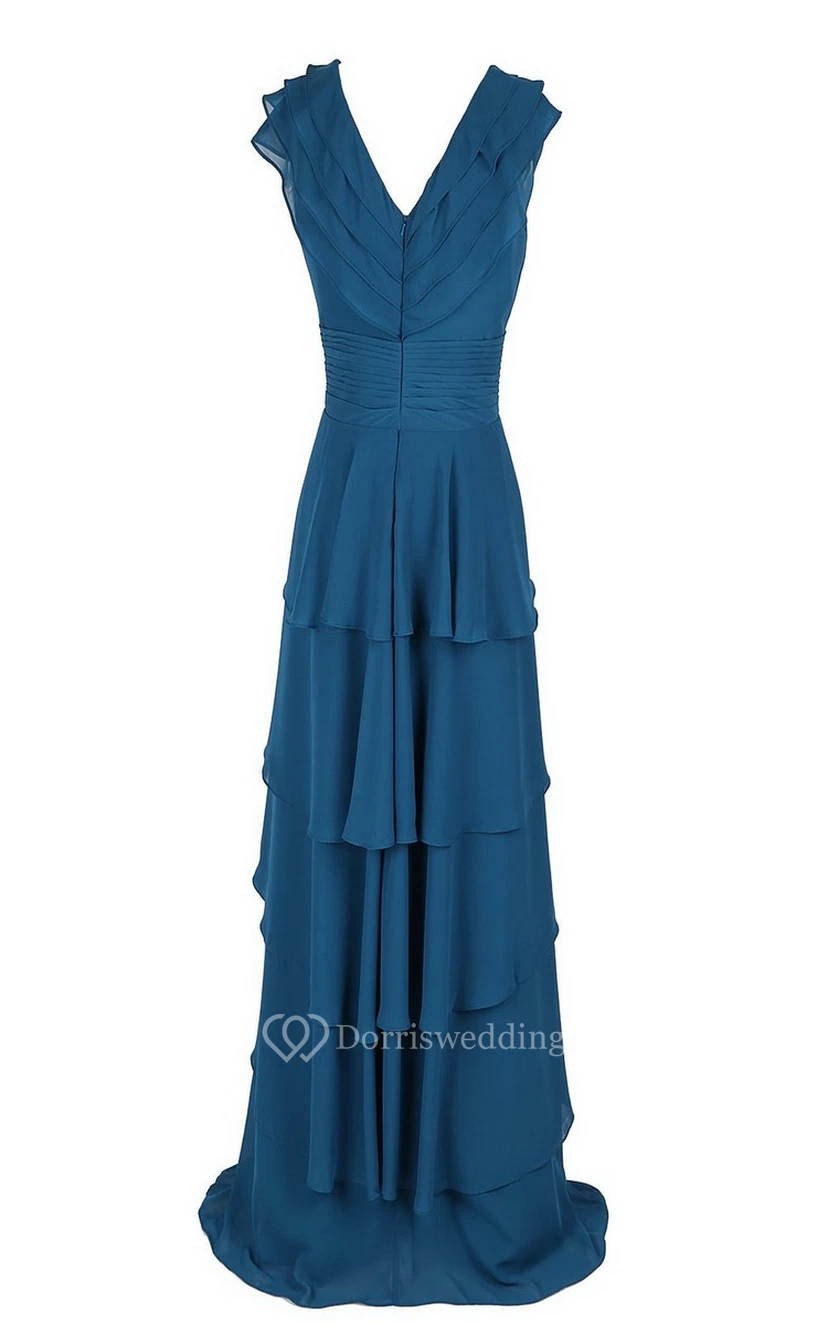 V-neck Tiered Chiffon A-line Gown With Crystal Detail view 4