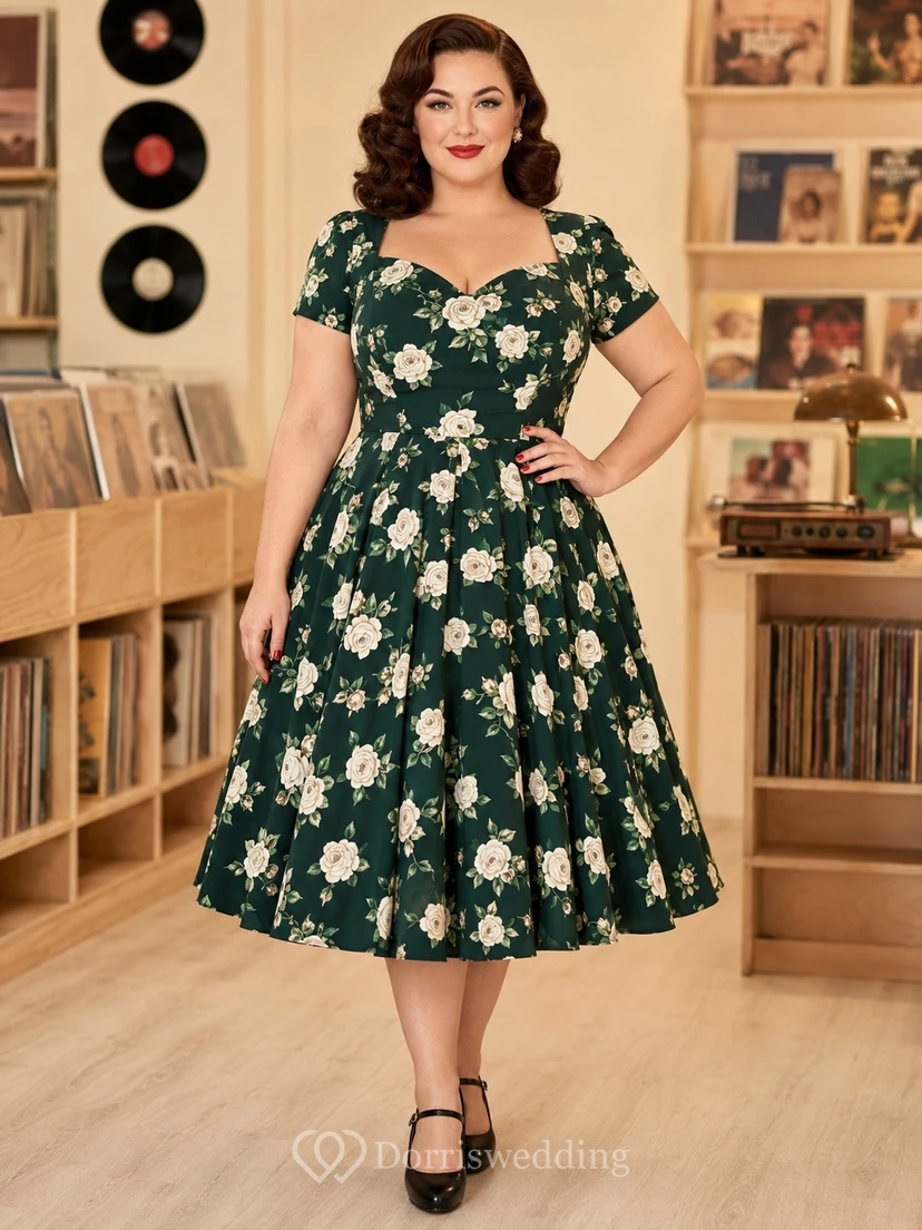 Vestido vintage de manga corta hasta la rodilla con escote en V y estampado floral verde