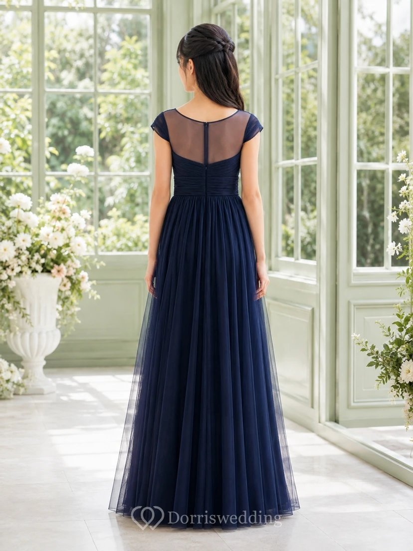 Dark Navy Junior Bridesmaid Dress A-Line Floor-Length Jewel Short Sleeve Illusion Yoke Romantic view 2