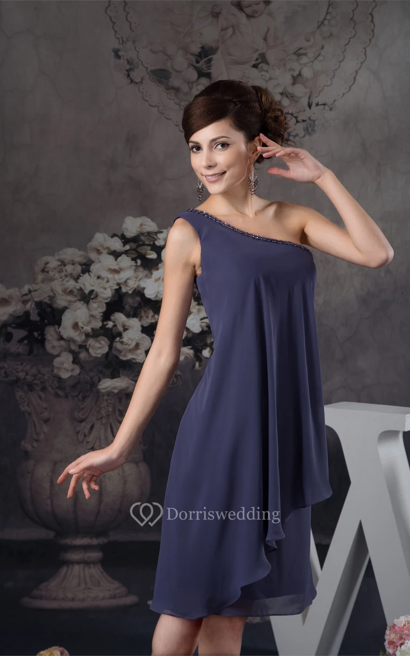 One-Shoulder Knee-Length Chiffon Draping and Dress With Beading view 7