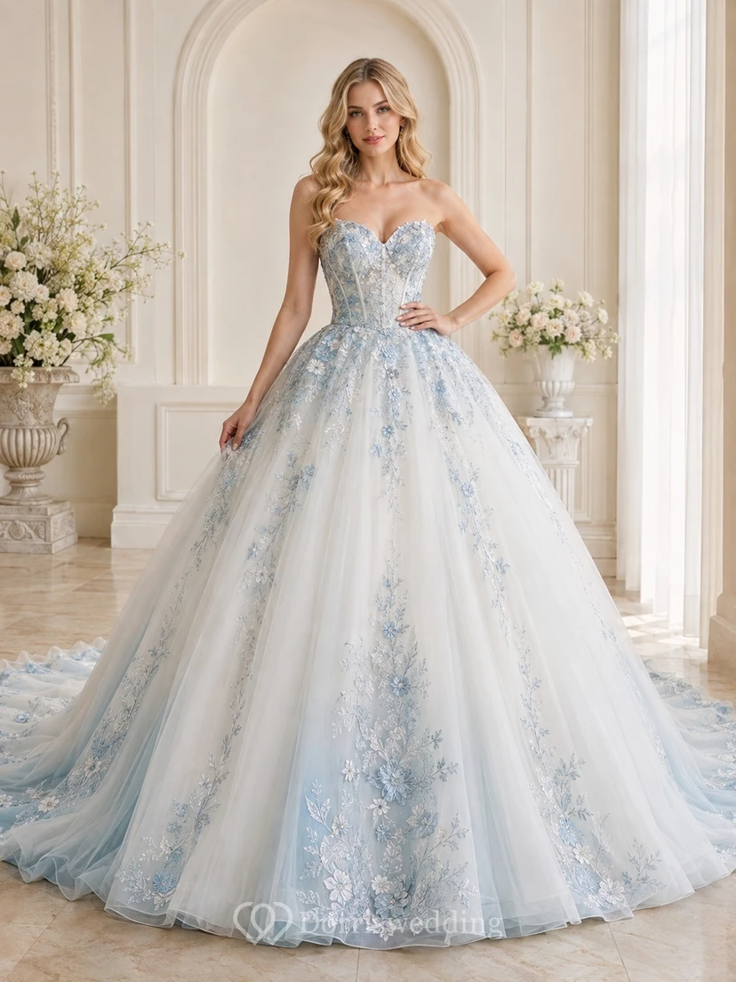 Nebelblaues, leuchtendes Ballkleid, ärmellos, romantisches Tüll-Hochzeitskleid mit Herzausschnitt