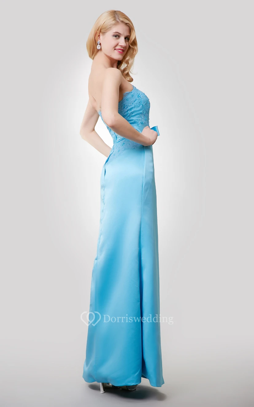 Satin Floor Length Strapless Dress With Beaded Lace Bodice and Bow view 4