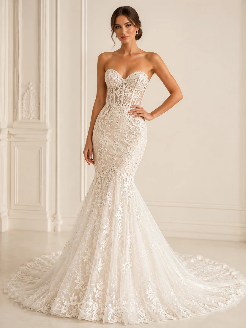 Süßes Brautkleid mit floraler Spitze, Meerjungfrauen-Stil, luxuriöser Kapellenschleppe und Lagen