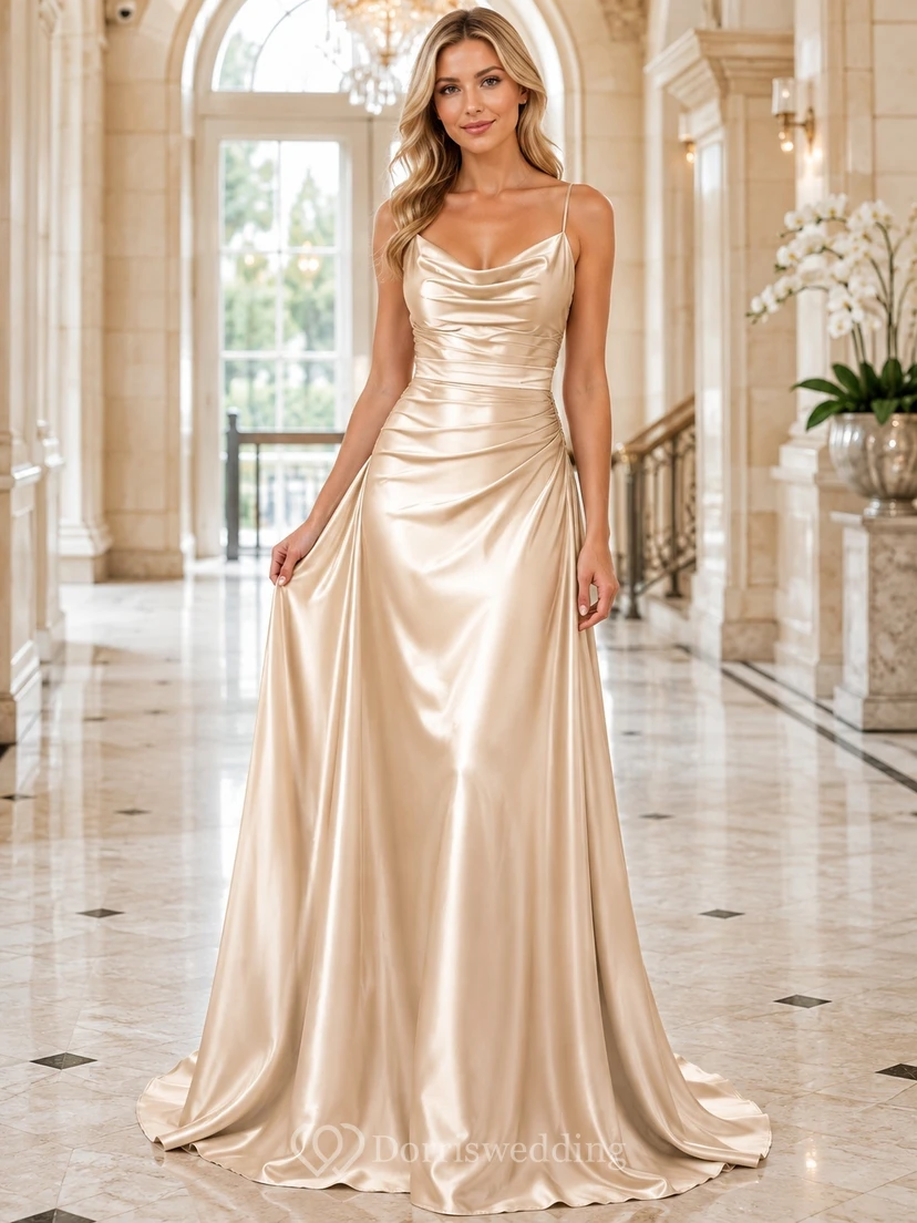 Champagne Cowl Sleeveless Satin A-Line Floor-length Draped Evening Dress