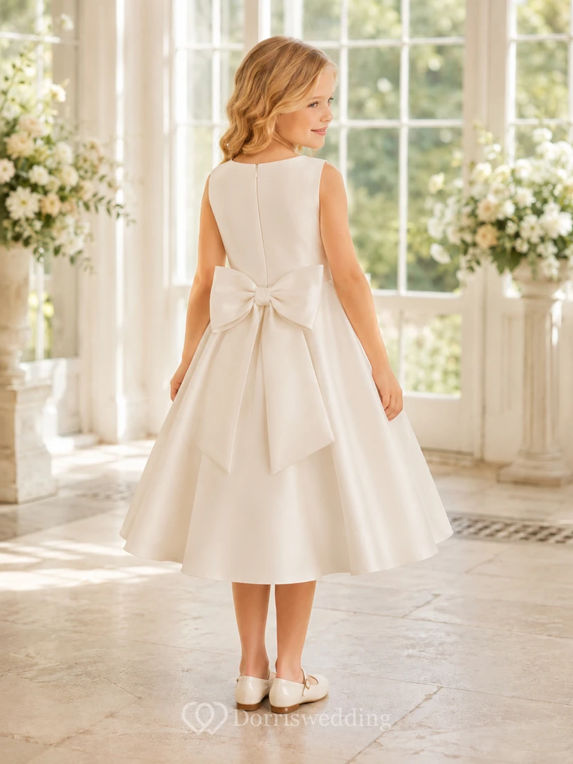 Blumenmädchenkleid aus elfenbeinfarbenem Satin, A-Linie, Rundhalsausschnitt, Teelänge, Schleifendetail view 2
