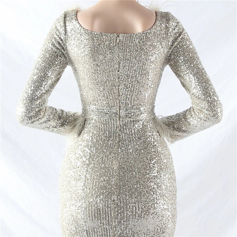 Craft-Made Ostrich Feather Long-Sleeved Beads Evening Dress view 51