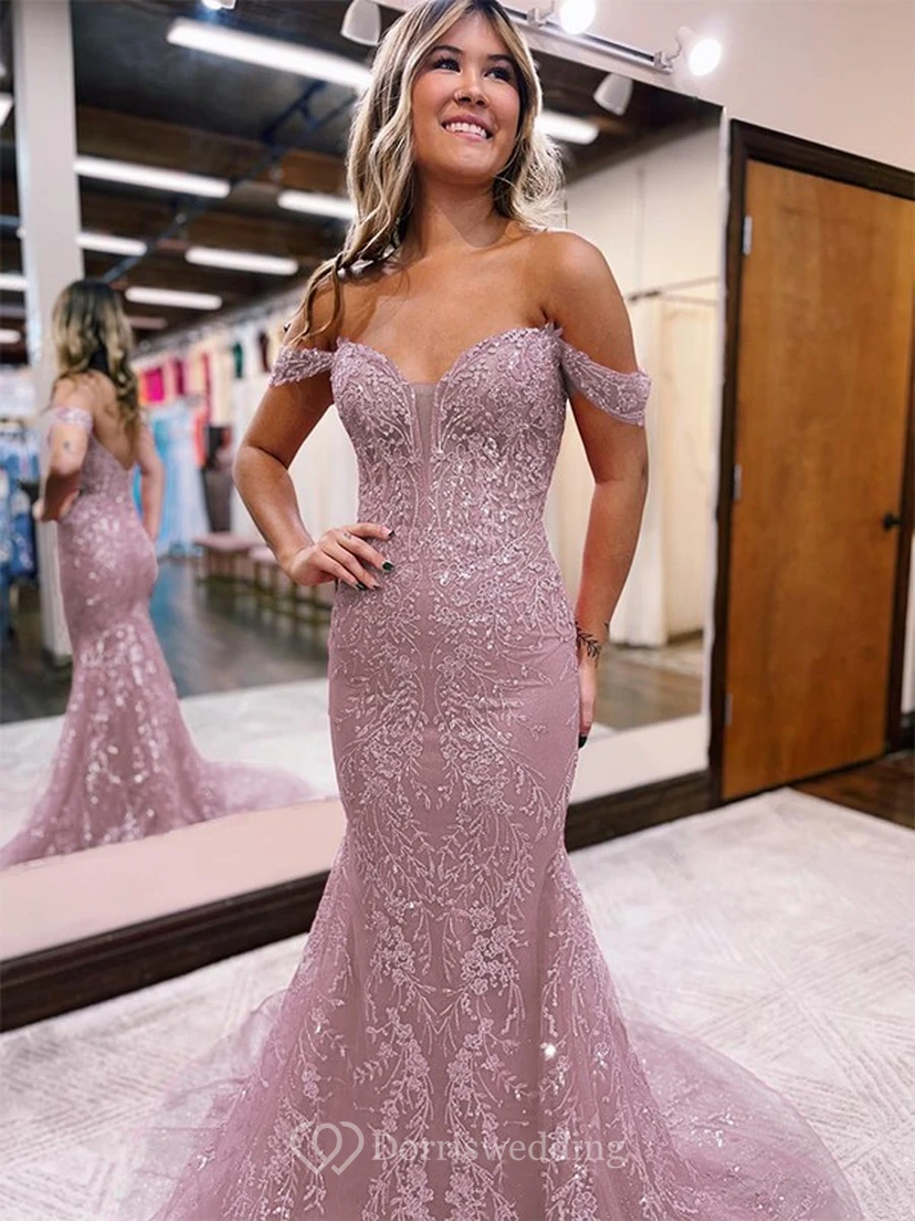 Exquisite Off-the-shoulder Beaded Mermaid Low-v Back Prom Dress view 3