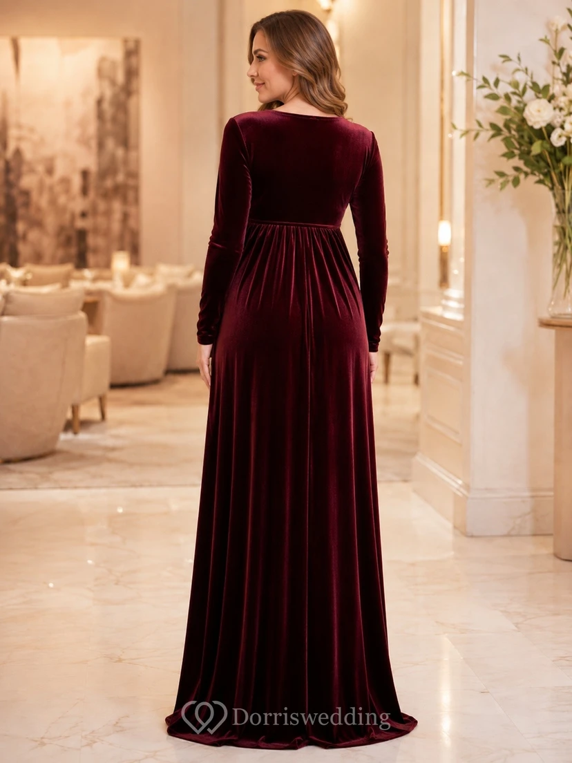 Vestido de noche formal de invierno de terciopelo con escote en V y mangas largas estilo imperio para embarazadas view 2
