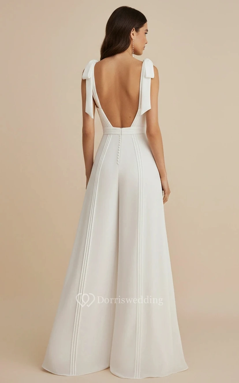 Square Neck Bow Shoulder Wide Leg Wedding Jumpsuit view 2