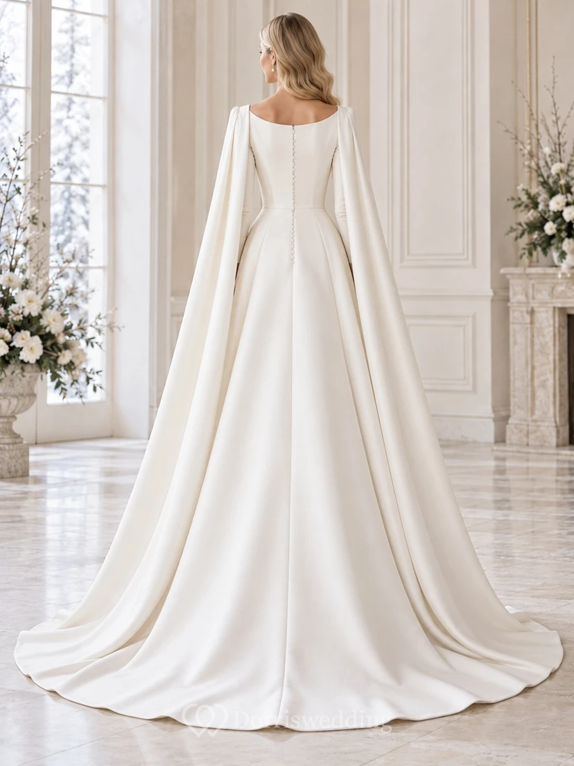 Simple Modest Long Sleeve Winter Bateau Neck Structured Cape A-line Wedding Dress view 2
