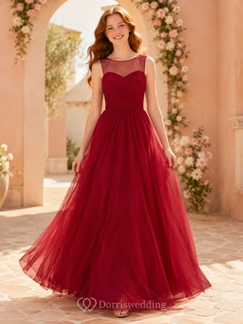 Rotes Brautjungfernkleid (A-Linie, herzförmig, ärmellos, aus Tüll mit Raffungen), elegant und romantisch