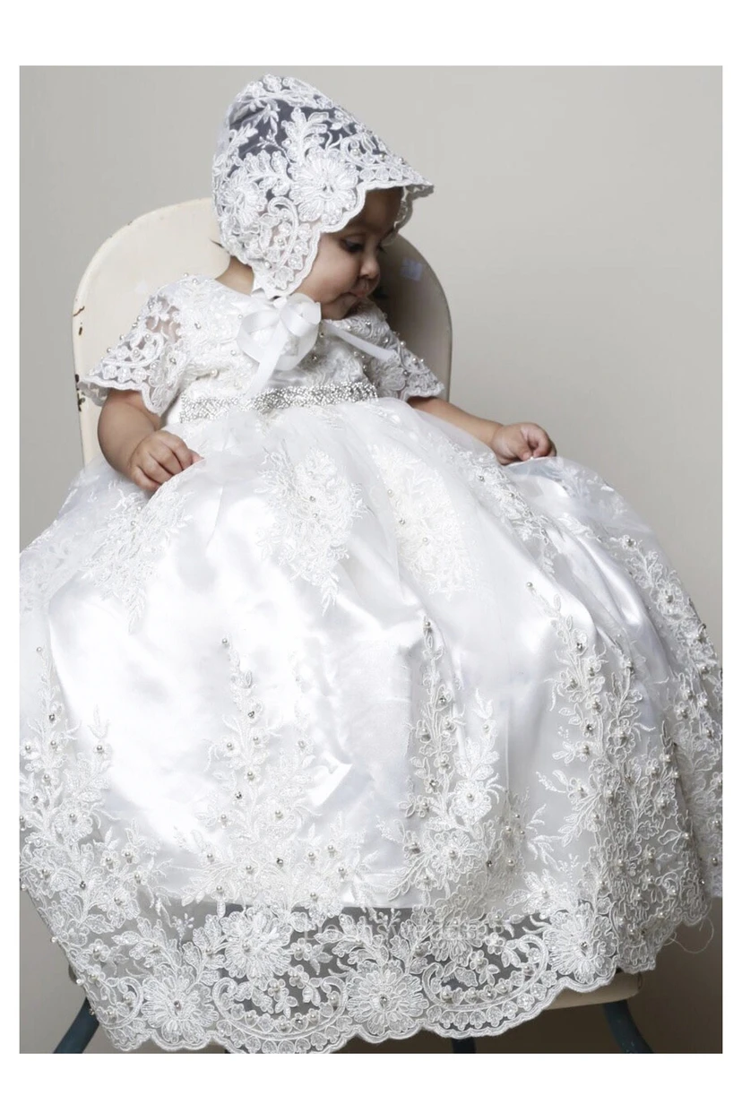 Charming Christening Dress With Lace Appliques And Beaded Belt
