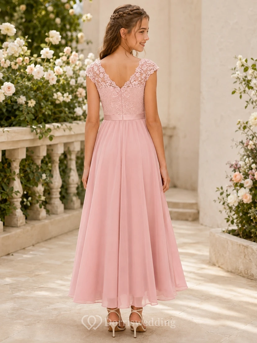 Romantisches, rosafarbenes Brautjungfernkleid für junge Frauen, A-Linie, V-Ausschnitt, kurze Ärmel, Spitze view 2