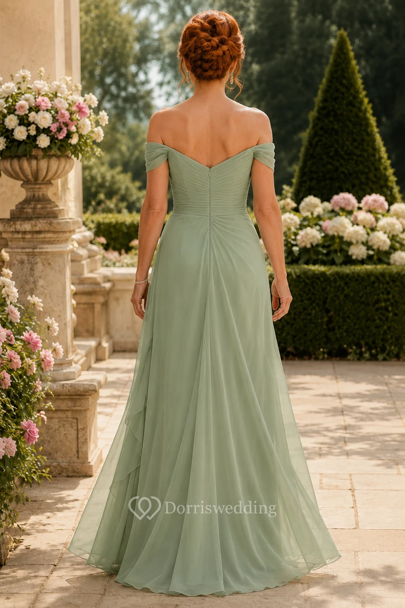 Salbeigrünes schulterfreies Chiffon-A-Linien-Kleid für Mütter view 2