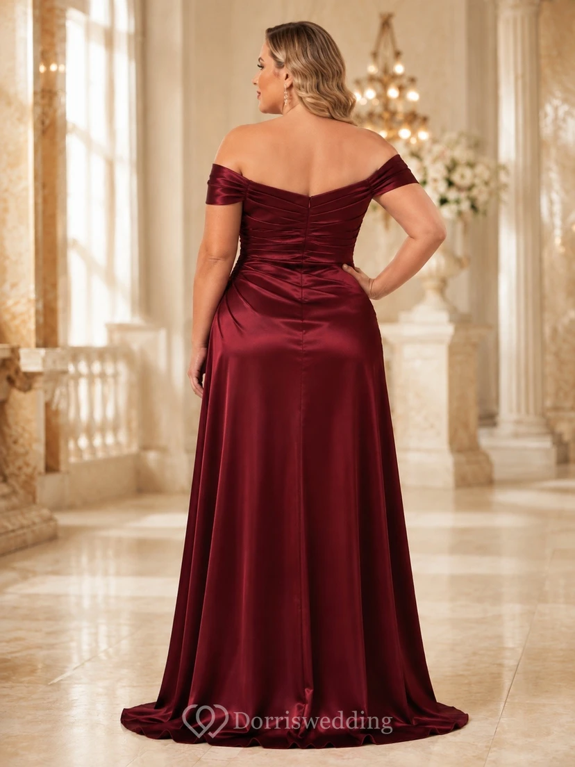 Elegantes Abendkleid aus burgunderrotem Satin in großen Größen mit schulterfreiem Design und Schlitz view 2