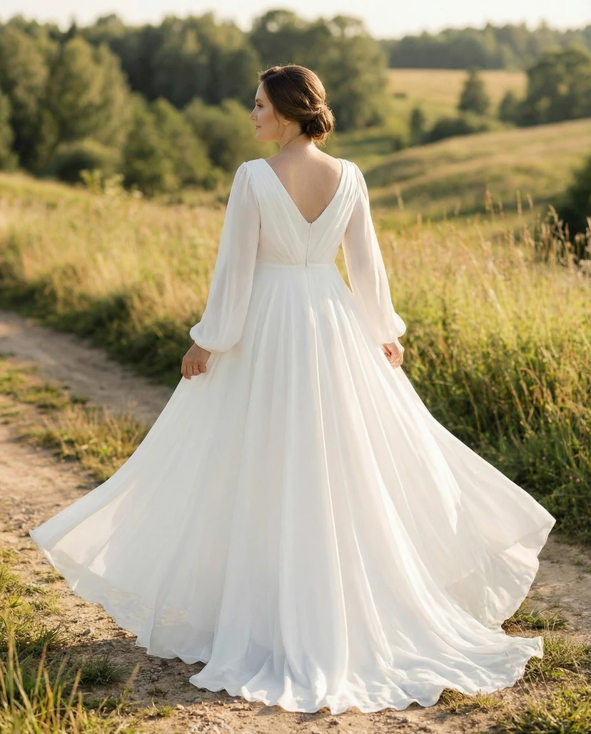 White Long Sleeve Chiffon Maternity Wedding Dress with V Neck view 2