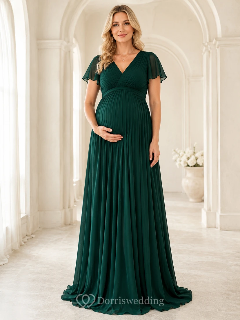Elegantes, dunkelgrünes Umstandskleid im Empire-Stil mit V-Ausschnitt und kurzen Ärmeln aus Chiffon, smaragdgrün, bodenlang.