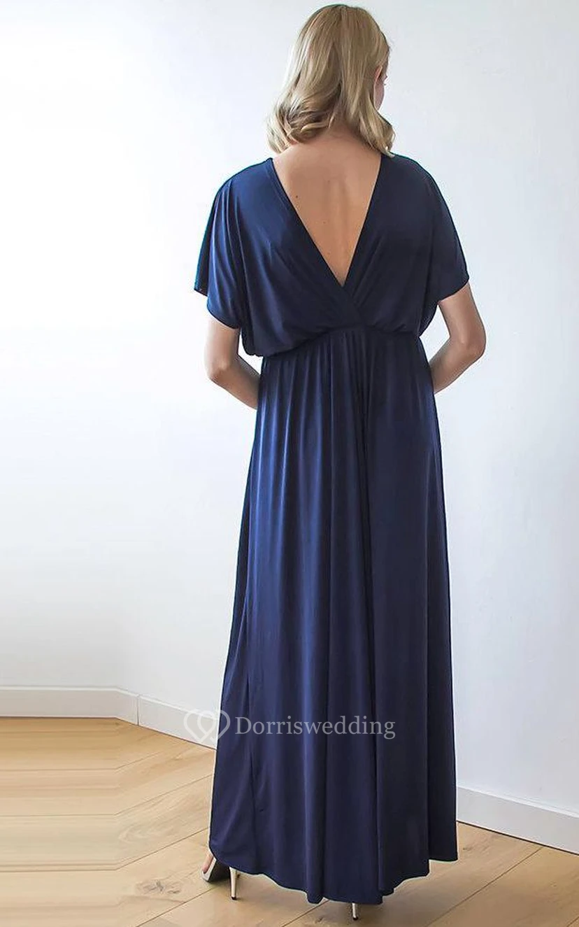 V Neck V Back Short Sleeve Pleated A-line Jersey Floor Length Dress view 3