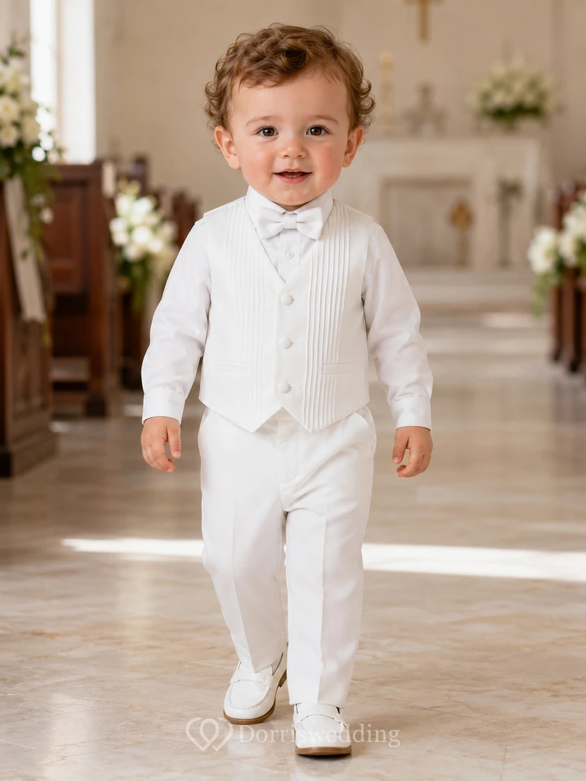 White Pinstripe Vest Bow Tie Long Sleeve Christening Suit for Baby Boy