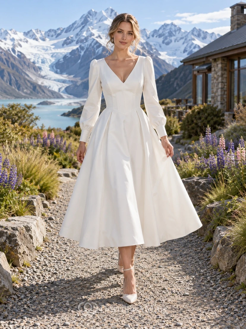Schlichtes, teelanges Brautkleid mit V-Ausschnitt, langen Ärmeln, A-Linie und natürlicher Taille