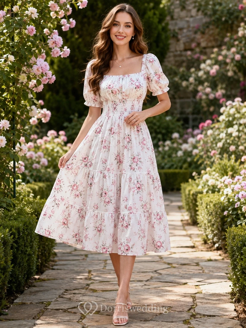 Teelanges weißes Blumen-Gartenkleid mit eckigem Ausschnitt und Puffärmeln