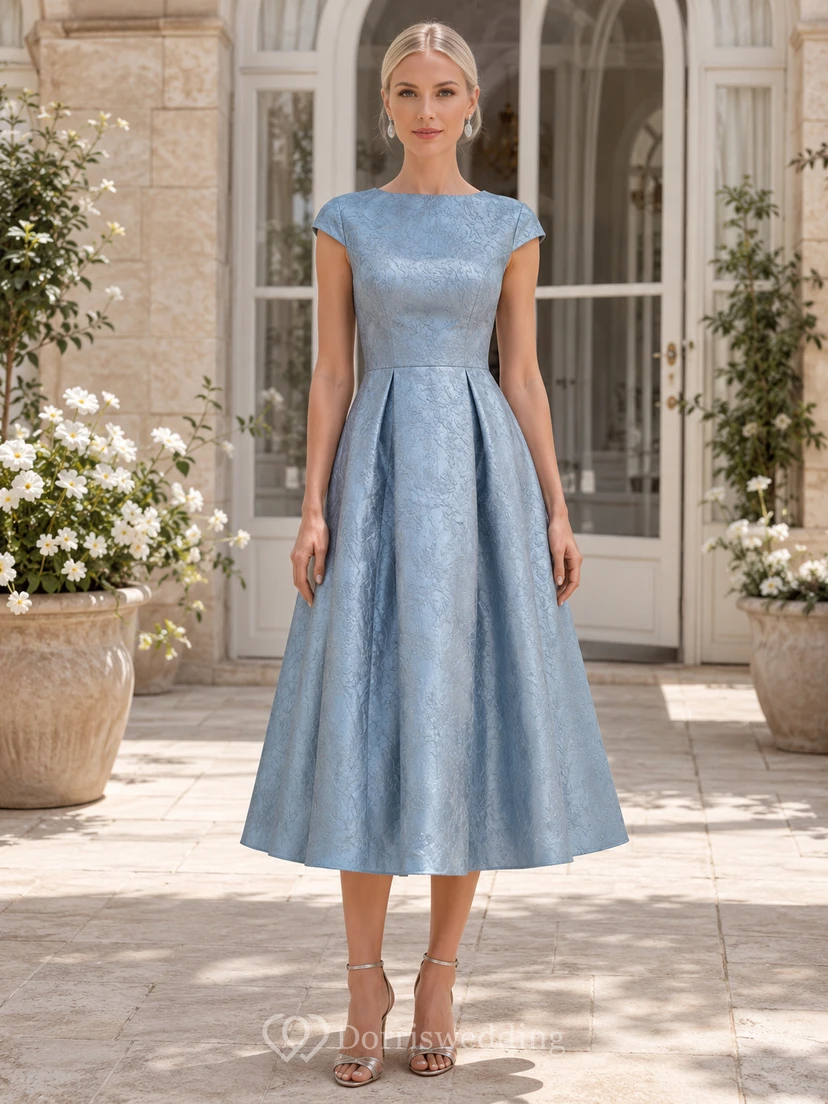 Steel Blue Bateau Cap Sleeve Floral Jacquard A Line Tea Guest Dress