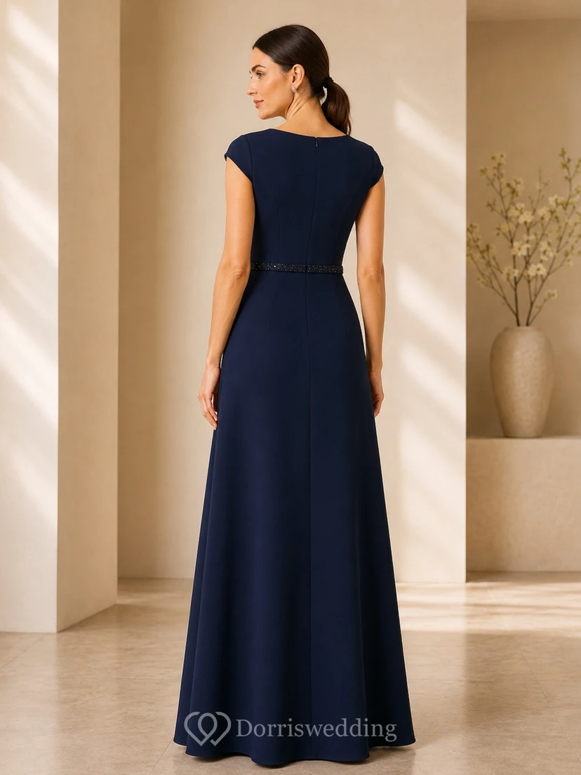 Vestido de noche ajustado de satén azul marino oscuro con cuello joya y mangas cortas. view 2