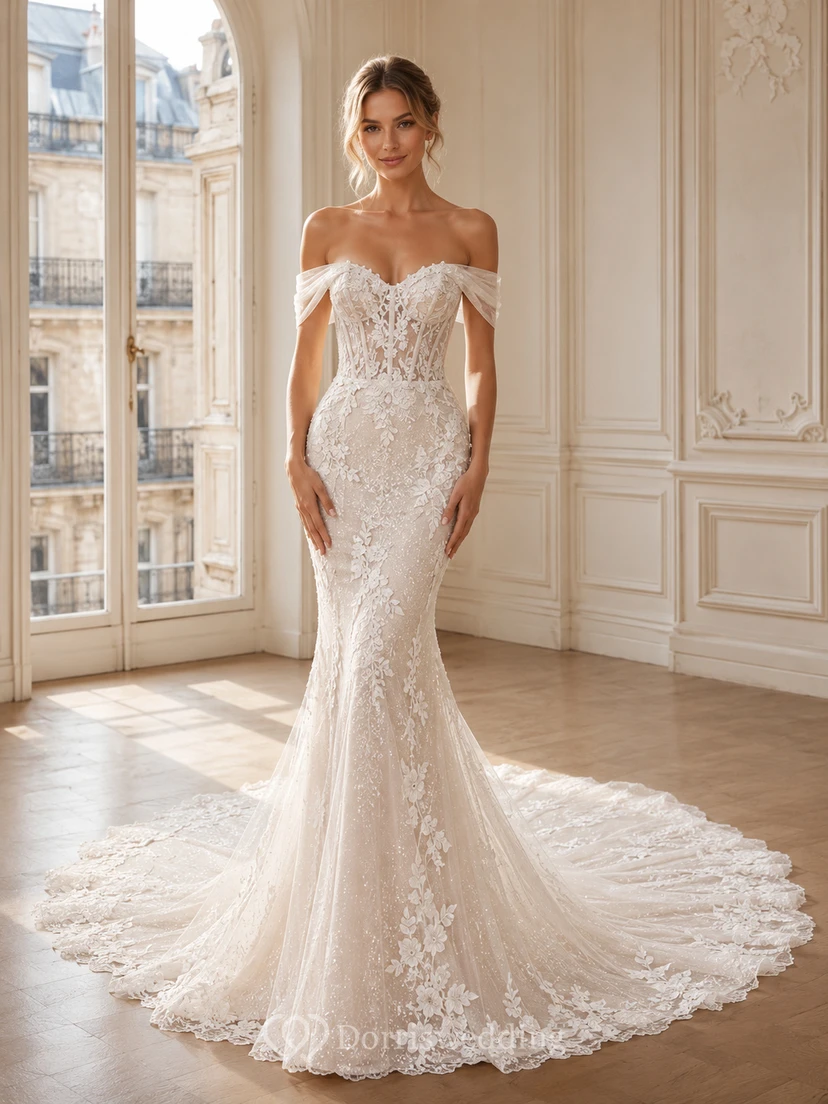Robe de mariée sirène luxueuse en dentelle florale à épaules dénudées et manches courtes, ornée d'épaules et de dentelle florale,
