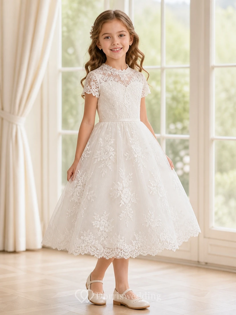 Robe de demoiselle d'honneur vintage mi-longue, trapèze, manches courtes festonnées, en dentelle, coupe trapèze, manches courtes festonnées
