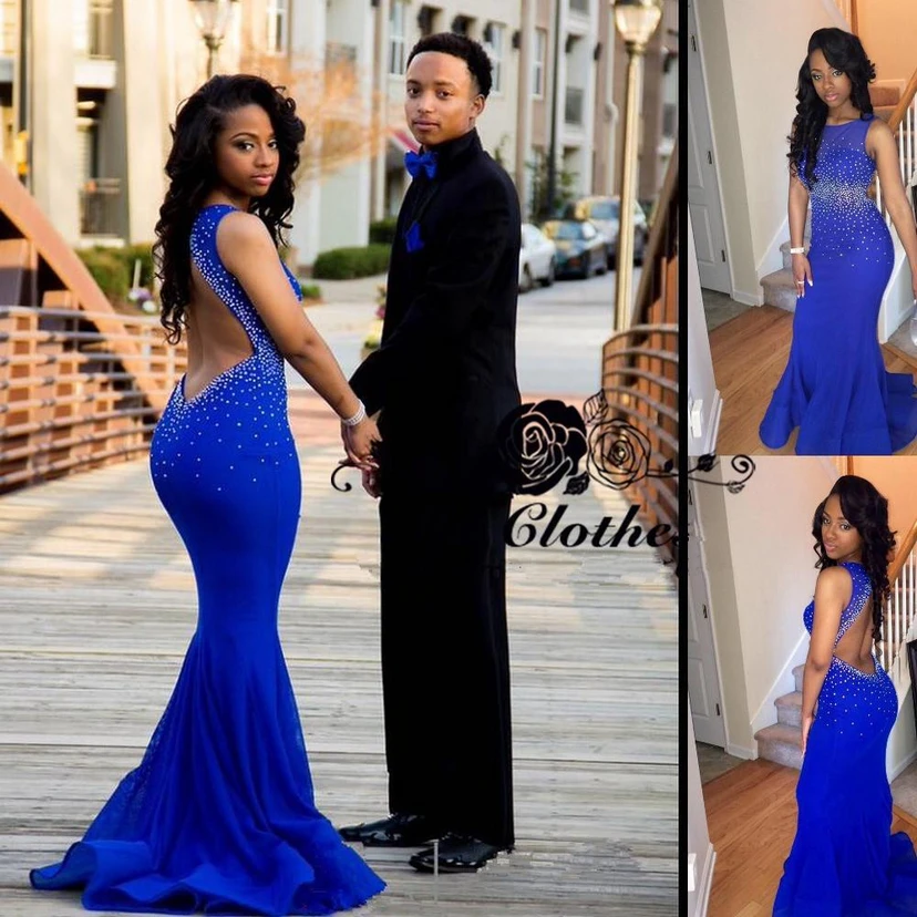 Sexy Royal Blue Mermaid Beadings Prom Dress Open Back view 4
