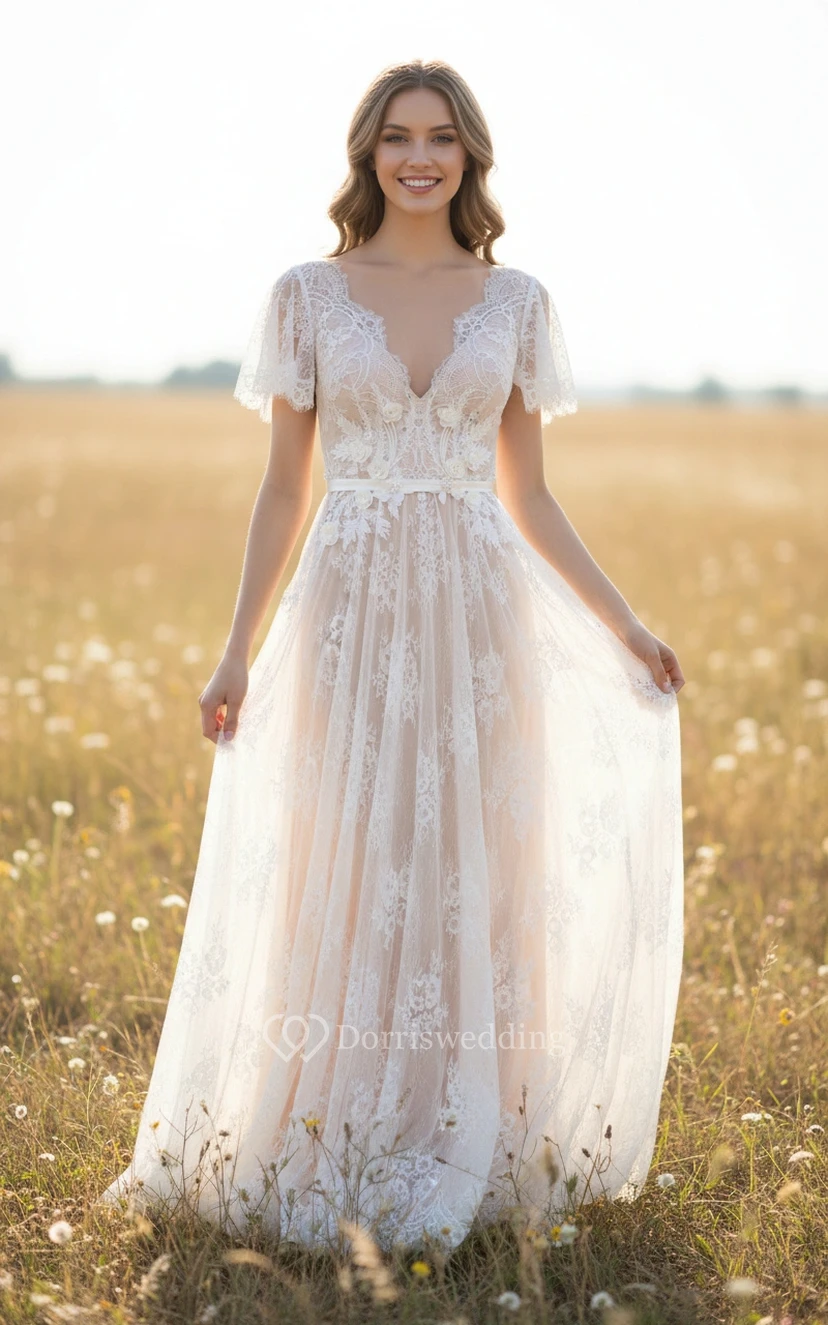 Vestido de novia bohemio rústico con encaje y curvas view 4