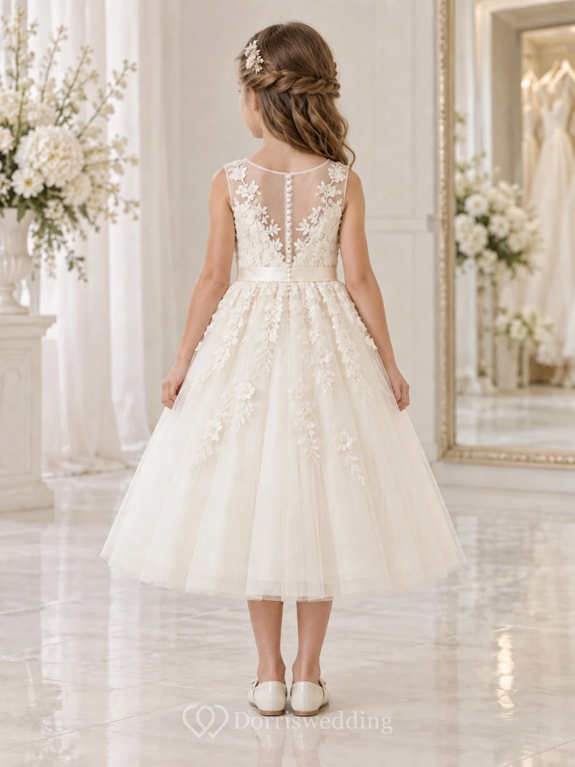Tea-length Ivory A-line Floral Lace Tulle Sleeveless Illusion Flower Girl Dress view 2